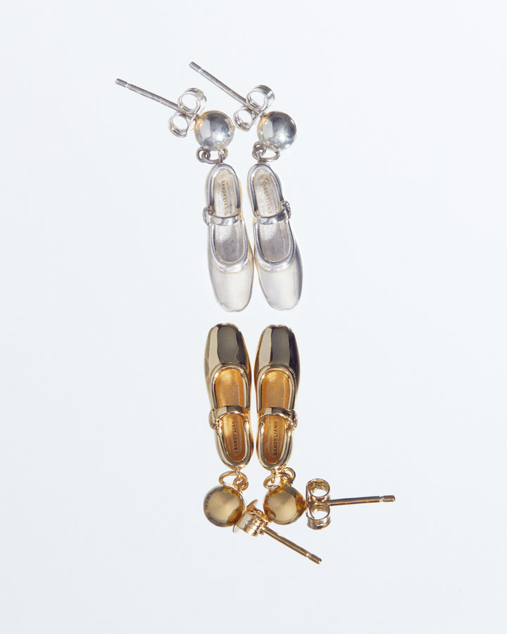 Mary jane pointe shoe drop earrings in gold vermeil
