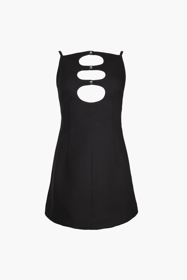 Mini dress in black suiting fabric with cutouts