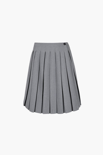 A pleated knee-length skort in gray with built-in shorts, fully lined, displayed against a plain background.