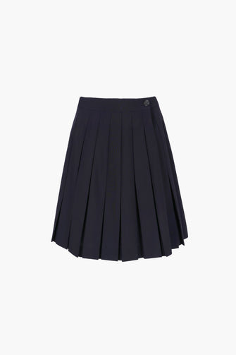 Pleated knee length skort in dark navy color with built-in shorts, fully lined, displayed against a plain background.