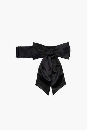 Black adjustable sash bag with a bow design, displayed against a plain background.