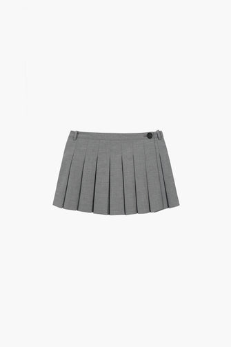A pleated micro skort in light grey with a button closure at the side, made of polyester, rayon, wool, and spandex.