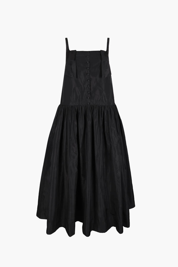 Midi length dress in black taffeta with buttons and cape detail at back