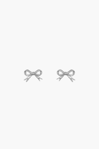 A pair of sterling silver bow stud earrings displayed against a white background.
