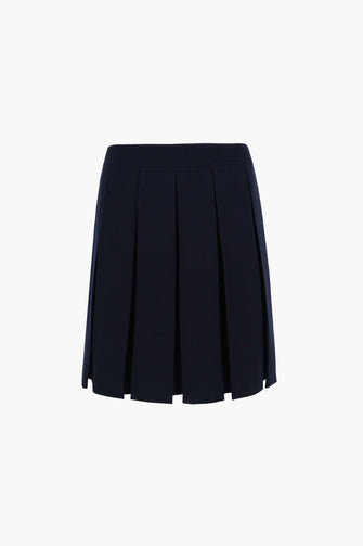 product image of a navy mid length knit pleated skirt