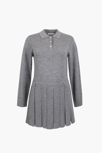 Mini sweater dress in gray with long sleeves, a collar, and mother of pearl buttons against a white background