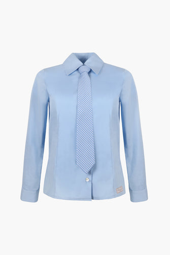 Blue button down shirt with tie on white background