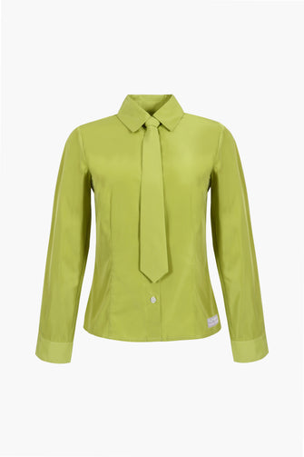 Green button down shirt with tie on white background