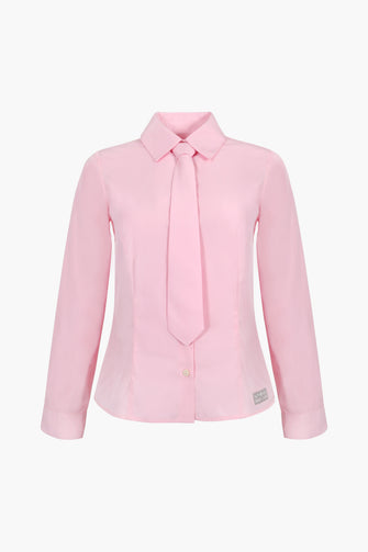 pink button down shirt with tie on white background