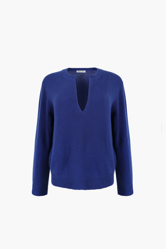 Blue sweater with a deep neckline on a white background