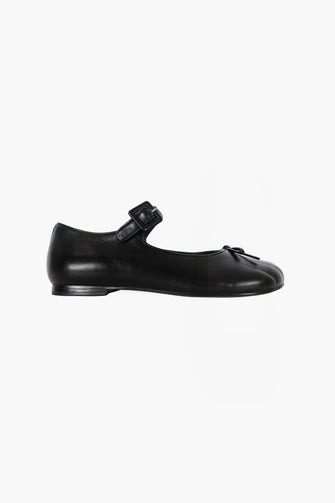 black leather mary jane shoe flat product image on white background
