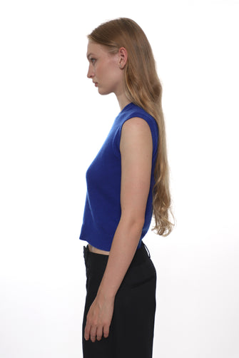 Woman wearing a blue sleeveless top and black pants on a white background