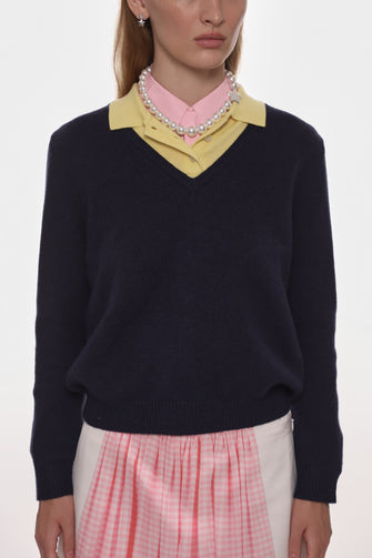 Person wearing a navy sweater with a yellow collar and pink plaid skirt on a white background