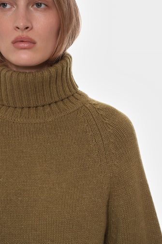 Close-up of a person wearing a brown turtleneck sweater on a white background