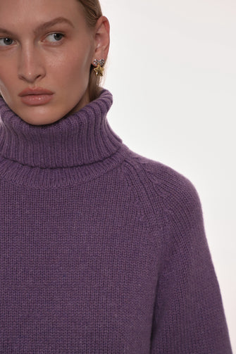 Close-up of a person wearing a purple turtleneck sweater on a white background