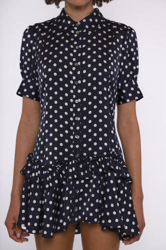 SNOOD DRESS IN NAVY POLKA DOT