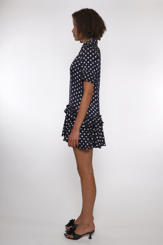 SNOOD DRESS IN NAVY POLKA DOT
