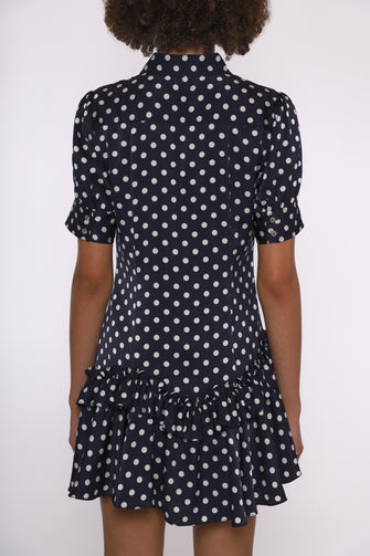 SNOOD DRESS IN NAVY POLKA DOT