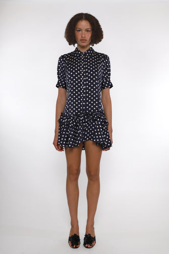 SNOOD DRESS IN NAVY POLKA DOT