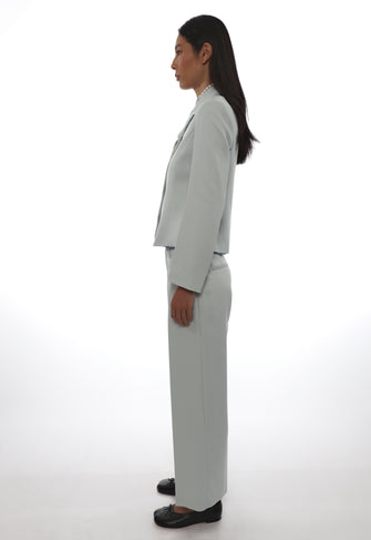 Person wearing a light blue suit on a white background
