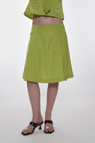 Person wearing a green skirt on a white background