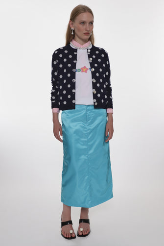 turquoise blue mid length skirt on model