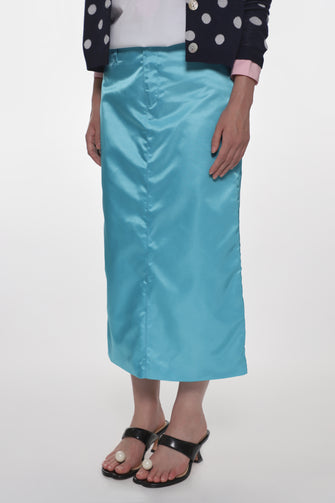 turquoise blue mid length skirt on model