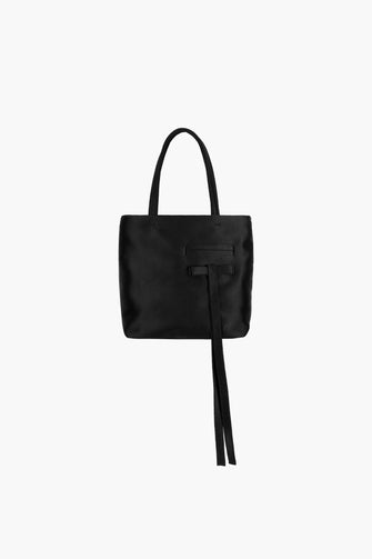 A black top handle satin bag with a mini bow detail and zip closure.