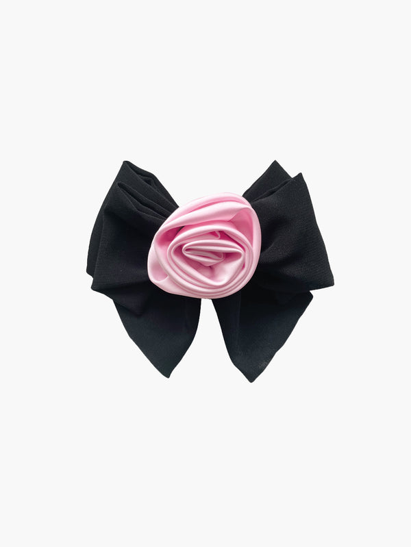 Black hair bow with pink satin rose