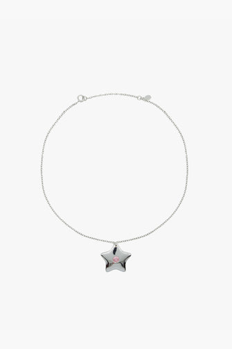 A silver necklace with a 30mm star pendant on a 15" chain with a 2" extender, displayed against a white background.
