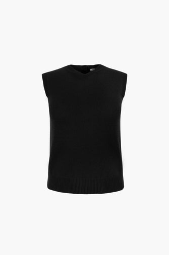 Black sleeveless sweater on a white background