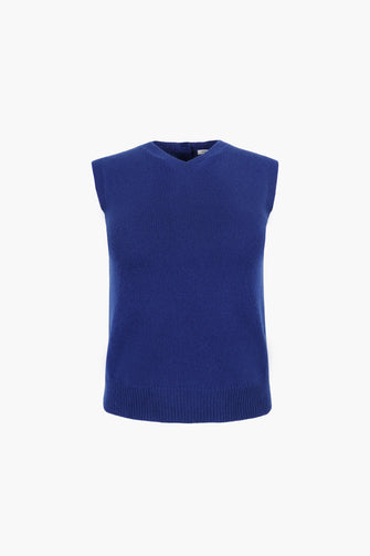 Blue sleeveless sweater on a white background