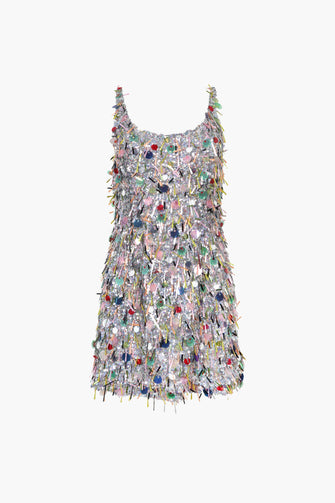 Multicolored sequin dress on a white background