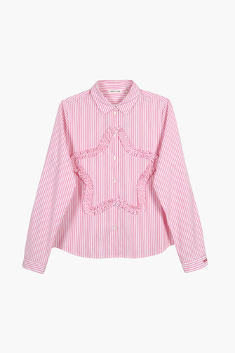 A long-sleeved pink striped shirt with a ruched star detail at the front and embroidery at the chest pocket against a white background
