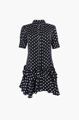 SNOOD DRESS IN NAVY POLKA DOT