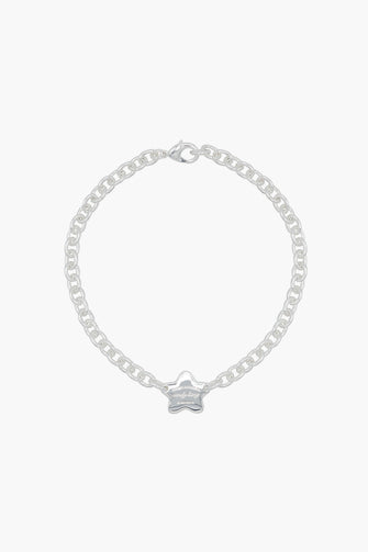 Oversized cable chain necklace with a star tag pendant in the center, engraved 'PLEASE RETURN TO SANDY LIANG' on a white backgrund