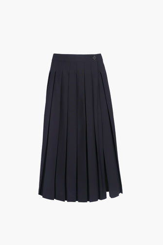 A pleated midi length dark navy skort with built-in shorts. on a white background