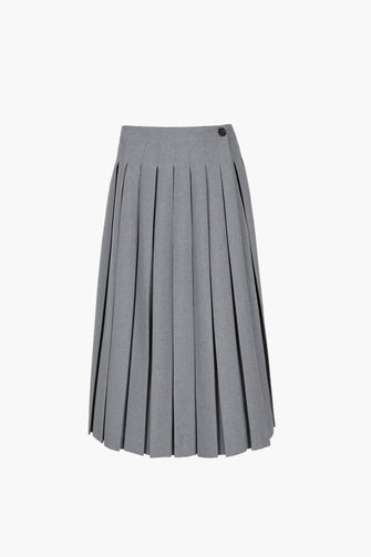 A pleated midi length skort in grey with built-in shorts, fully lined, displayed on a white background