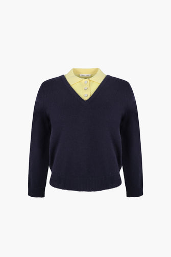 Navy sweater with a yellow collar on a white background