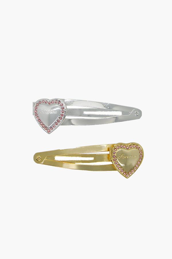 Silver and gold heart locket hair clips that read "besties forever"