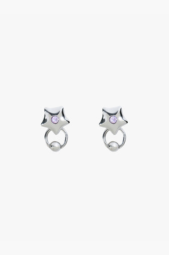 A pair of sterling silver earrings with a star shape and pink sparkle details on a white background
