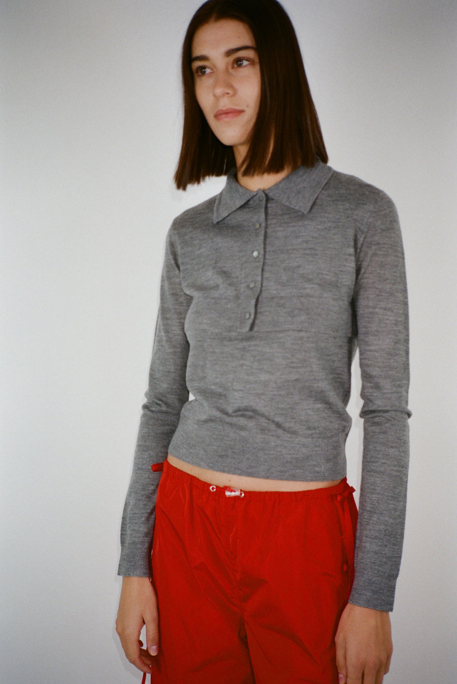 Long sleeve grey in peanut with cropped cardigan layer on model