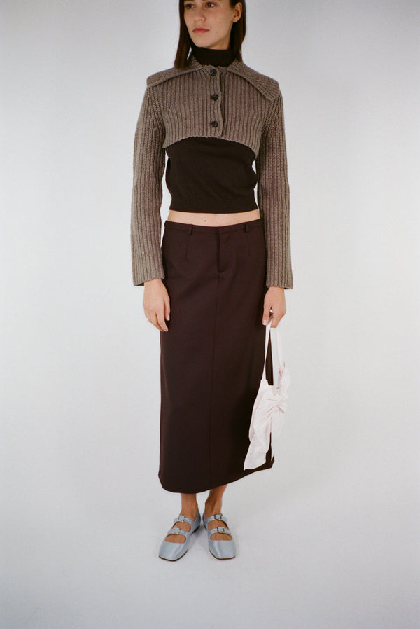 Midi length skirt in brunette brown suiting fabric