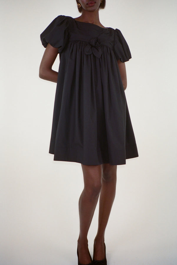 Babydoll mini dress with puffed sleeves in black