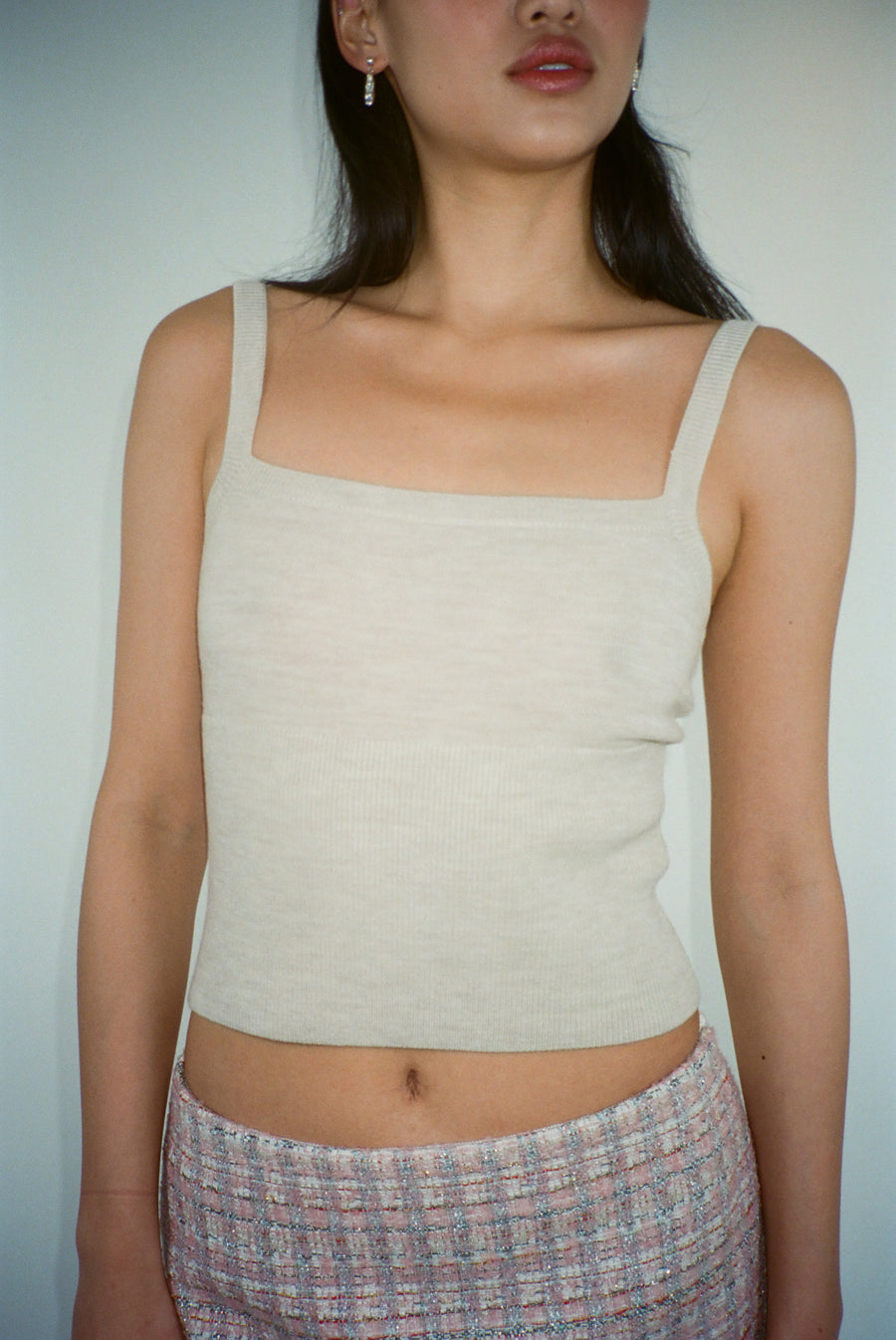 Knit tank top in off white brown on model