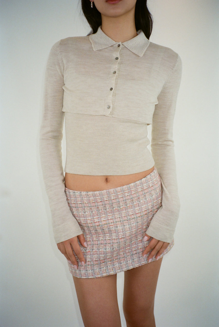 Cropped long sleeve cardigan in off white on model