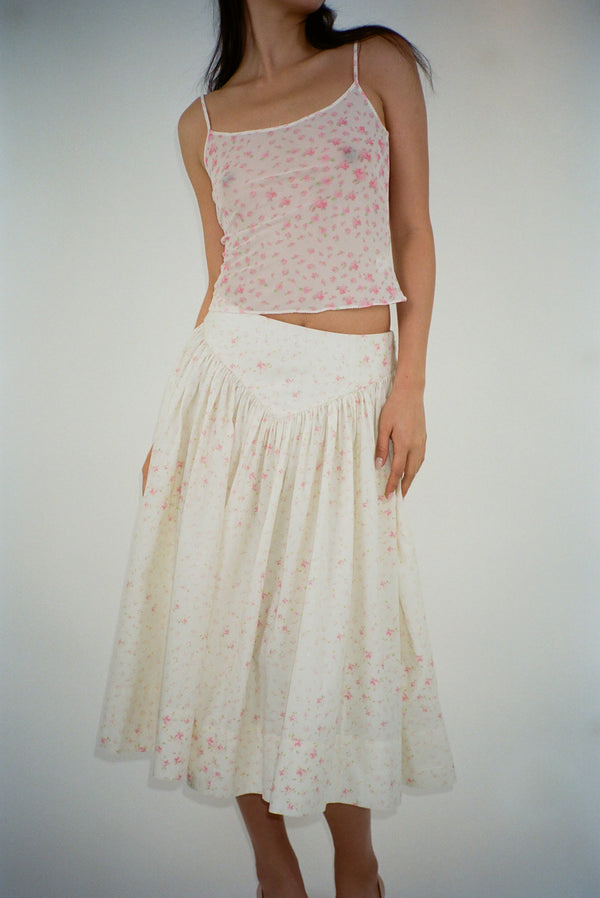 Off white midi skirt with pink floral print and bow at back