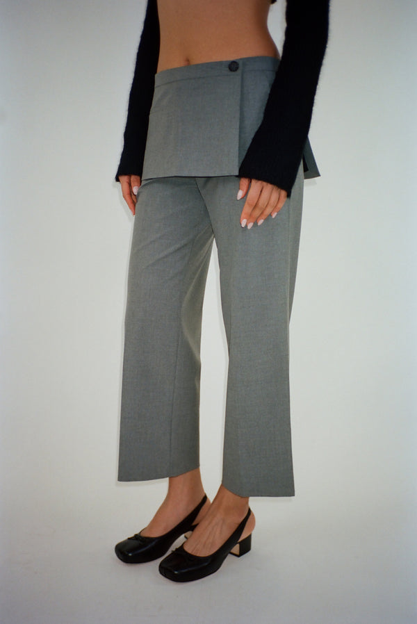 Mid rise pants with apron detail in a grey suiting fabric