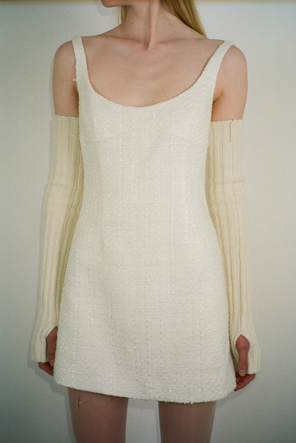 Sleeveless mini dress in off white tweed