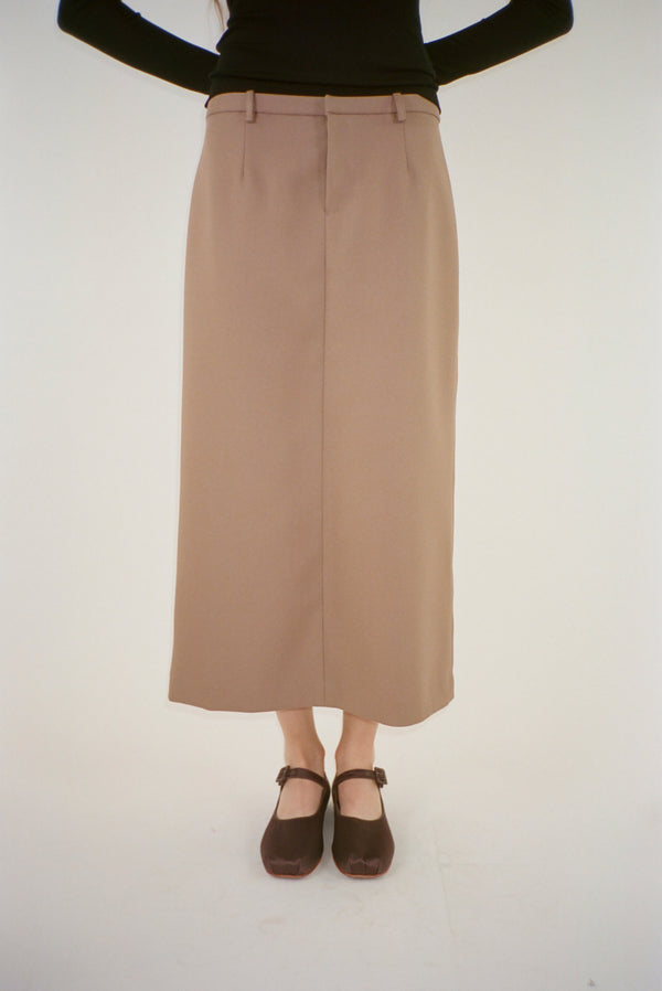 Midi length skirt in taupe suiting fabric